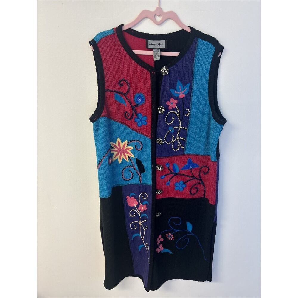 Women’s Duster Sweater Sz Lg Indigo Moon Vest Boho Hippie Indie Flowers Colorblo